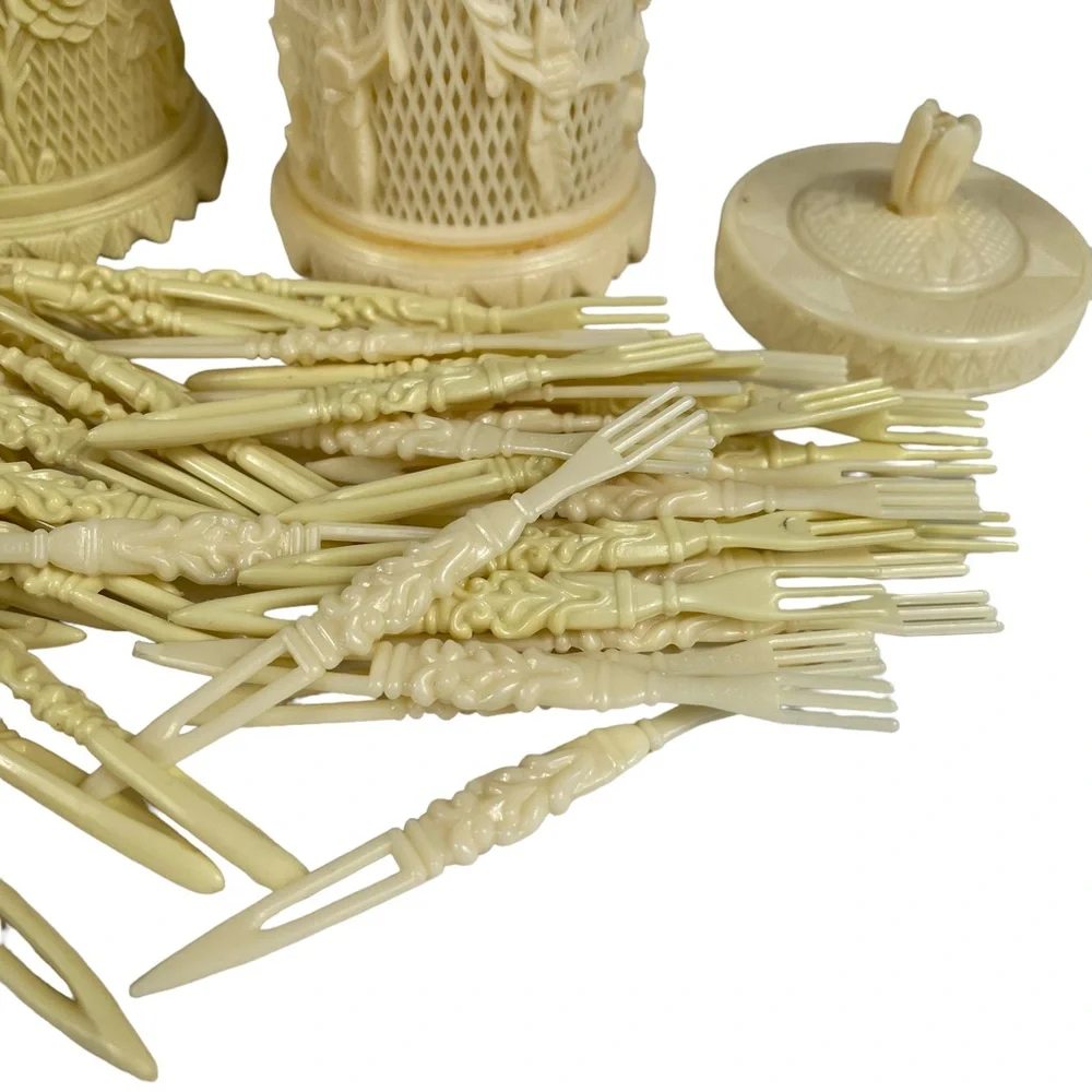 Vintage Vegan Ivory Ornate Hors D'oeuvres 3-Prong Picks Floral Holders Serves 48